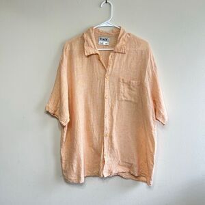 FLAX Men's Collared 100% Linen Short Sleeve Button Up Shirt Peach Medium